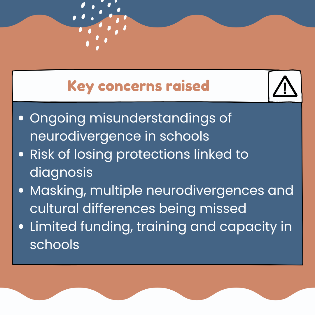 Key concerns raised: Ongoing misunderstandings of neurodivergence in schools
Risk of losing protections linked to diagnosis
Masking, multiple neurodivergences and cultural differences being missed
Limited funding, training and capacity in schools