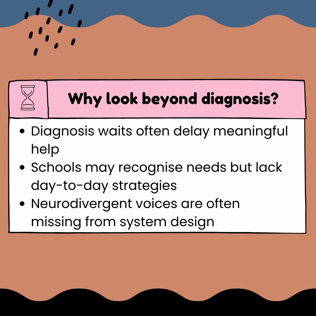 Why look beyond diagnosis? Diagnosis waits often delay meaningful help. Schools may recognise needs, but lack day-to-day strategies. Neurodivergent voices are often missing from system design.